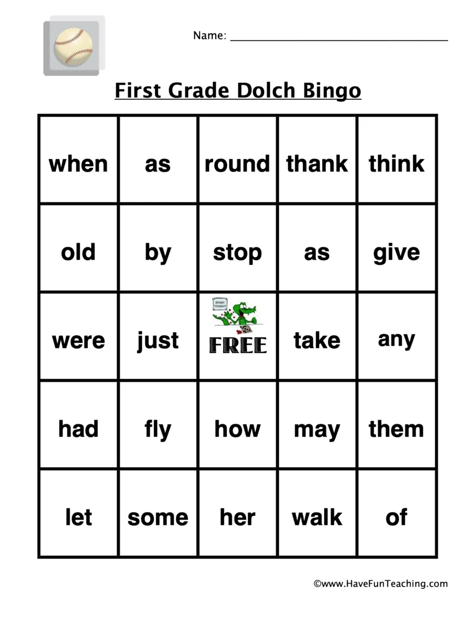 Bingo card 2 of 5 for first-grade sight words: when, as, round, thank, think and 19 more, plus a free space.