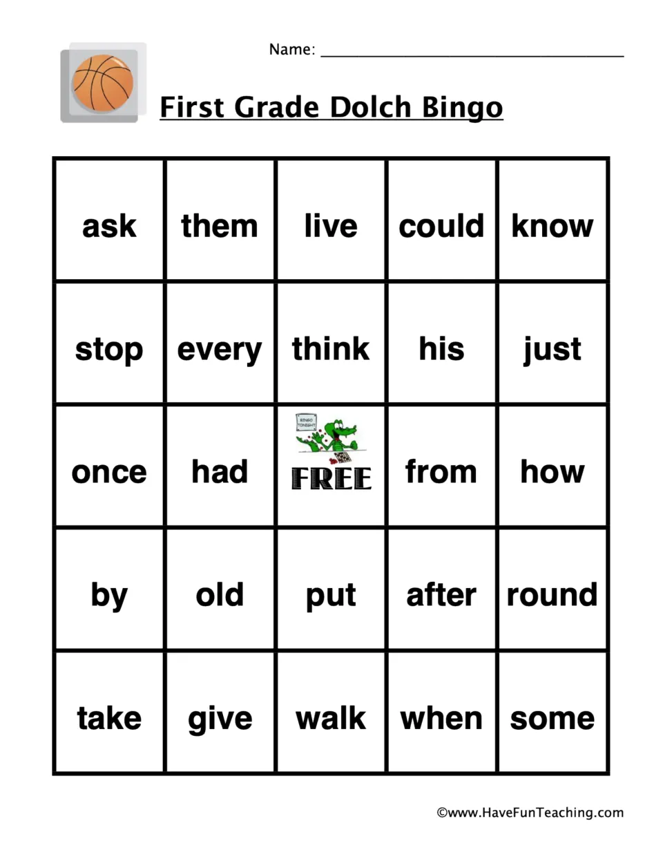 Bingo card 3 of 5 for first-grade sight words: ask, them, live, could, know and 19 more, plus a free space.