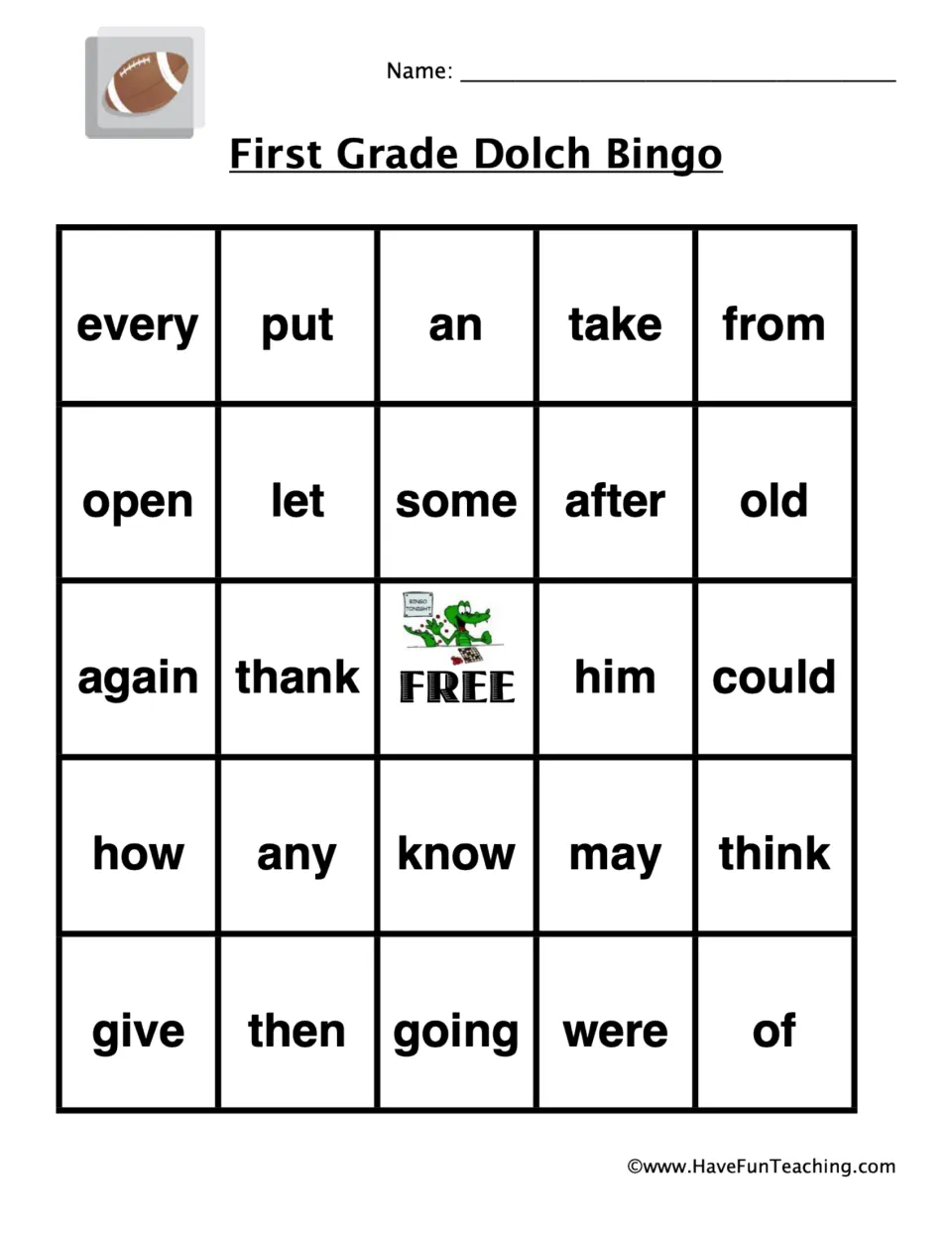 Bingo card 4 of 5 for first-grade sight words: every, put, an, take, from and 19 more, plus a free space.