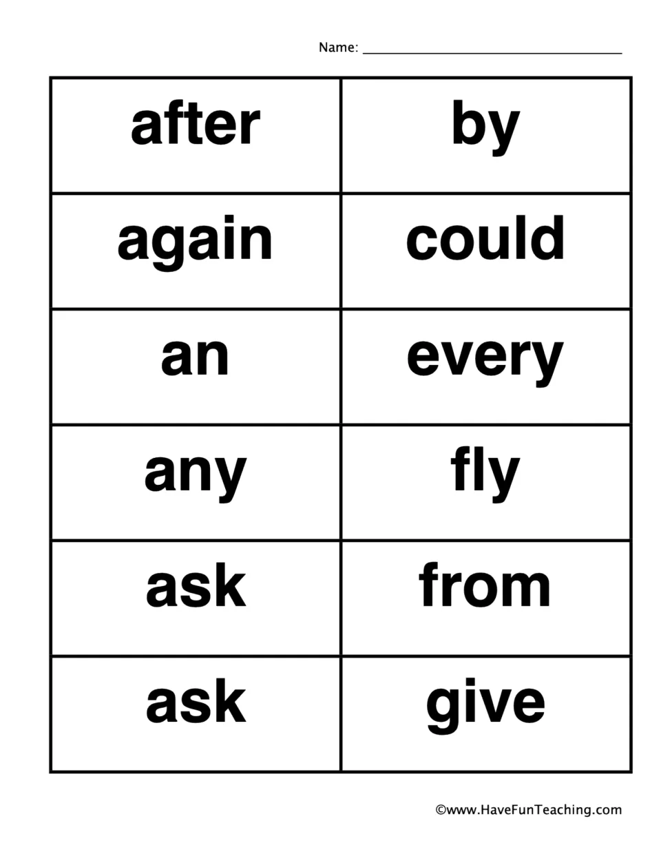 First sheet of 12 bingo calling cards includes after, again, an, any, by, could and two cards reading ask.