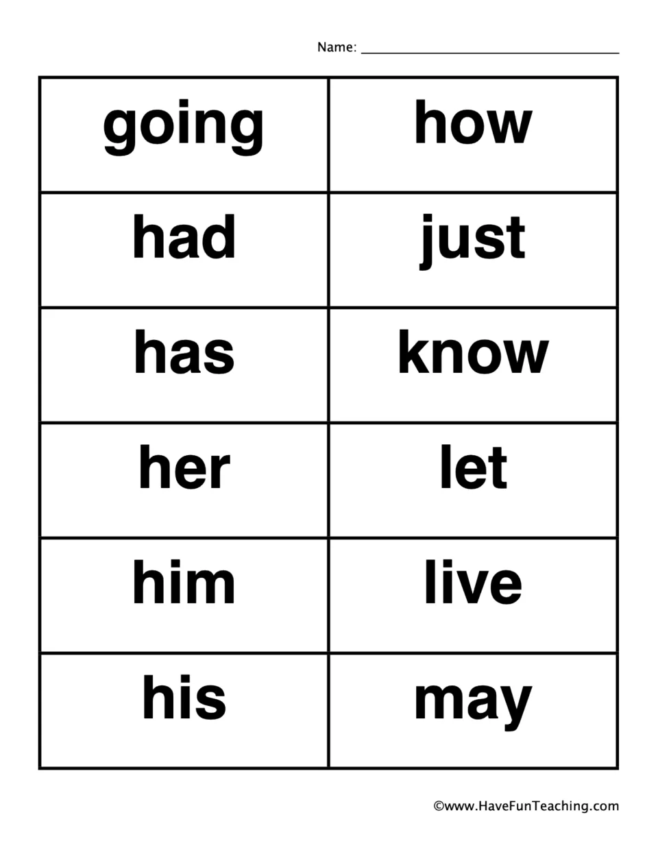 Second sheet of 12 bingo calling cards: going, had, has, her, him, his, how, just, know, let, live, may.