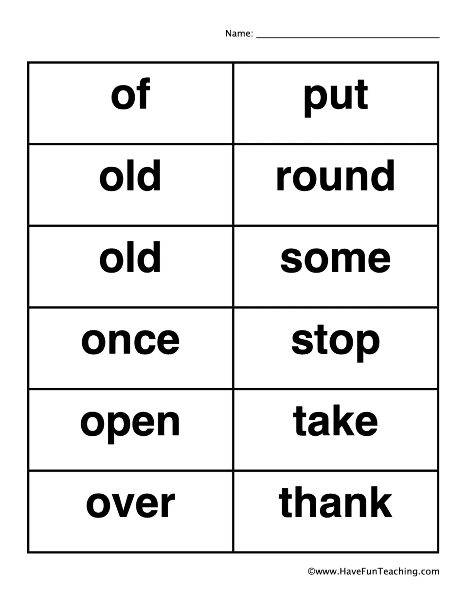 Third sheet of 12 bingo calling cards includes of, once, open, over, put, round and two cards reading old.