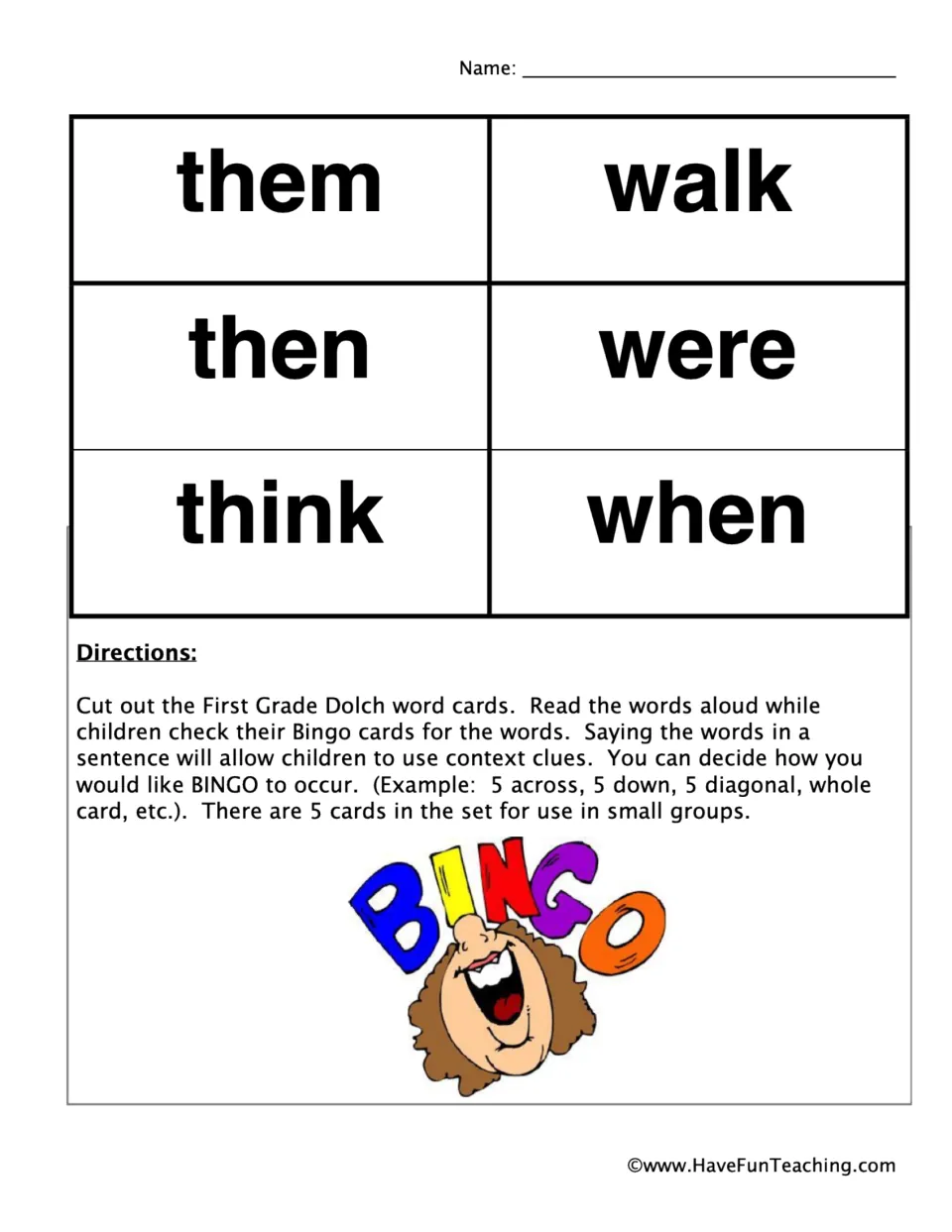 Final six bingo calling cards: them, then, think, walk, were, when, with directions for small-group play.