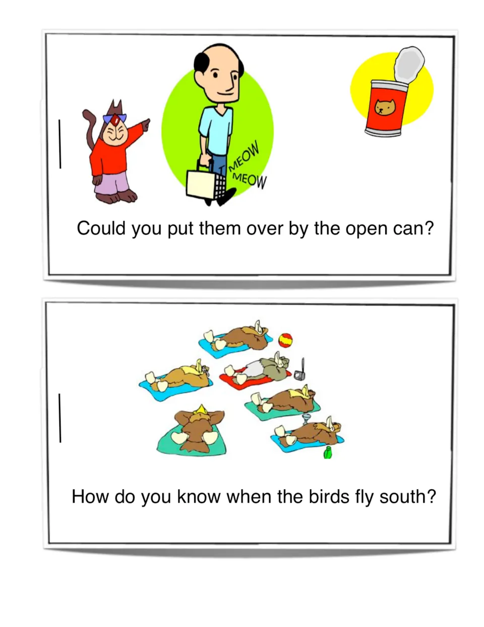 Dolch sight word sentences: "Could you put them over by the open can?" and "How do you know when the birds fly south?"