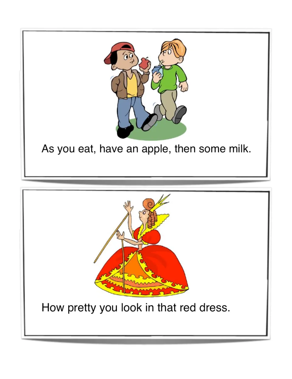 Sight word lines: "As you eat, have an apple, then some milk." and "How pretty you look in that red dress."