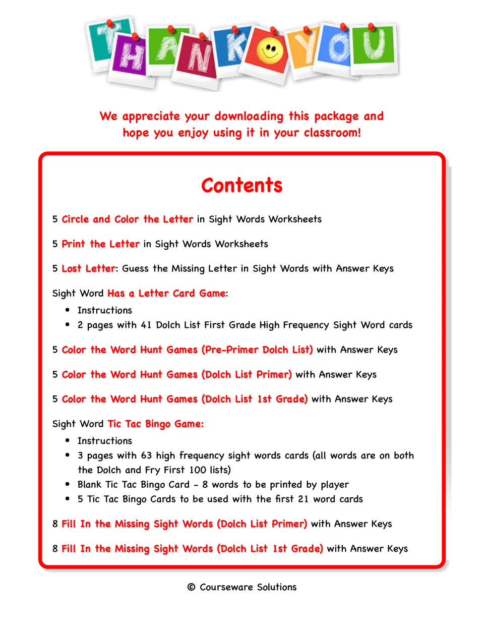 Contents of the sight word collection listing letter practice, word hunts, card games and missing-word activities