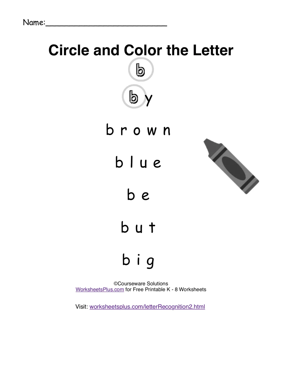 Sight word letter recognition practice: circle and color b in by, brown, blue, be, but and big