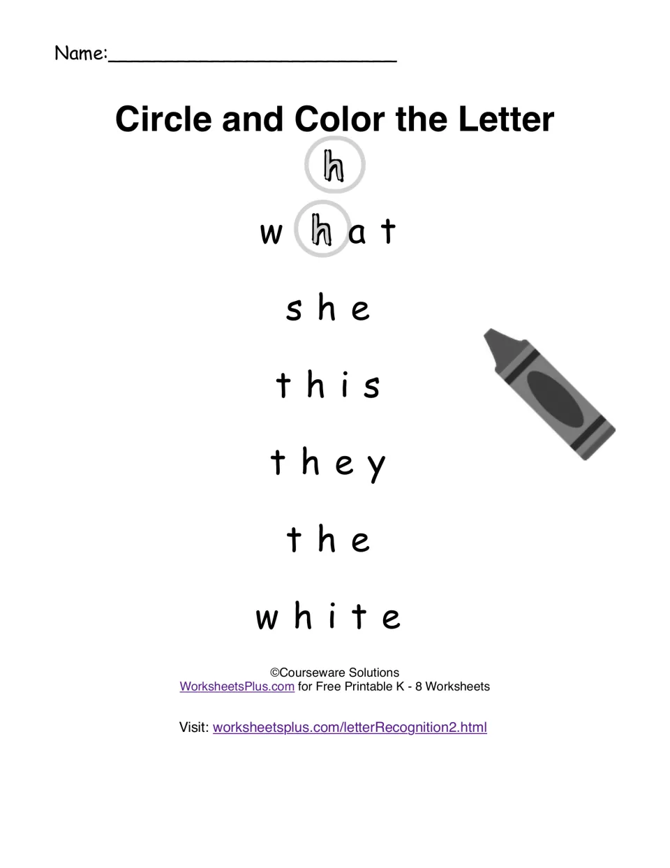 Sight word letter recognition practice: circle and color h in what, she, this, they, the and white