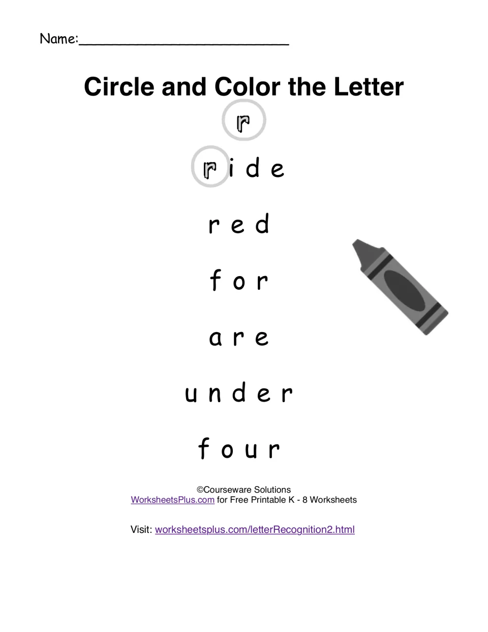 Sight word letter recognition practice: circle and color r in ride, red, for, are, under and four
