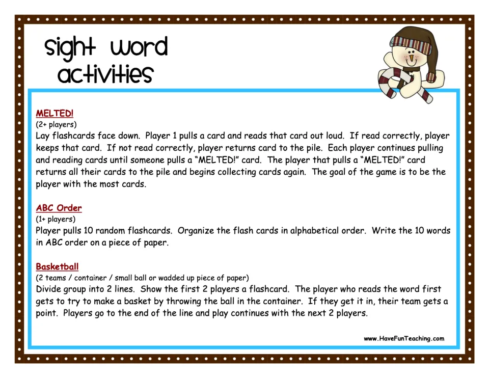 Sight word activities: rules for three games, MELTED!, ABC Order and Basketball, for reading the cards aloud