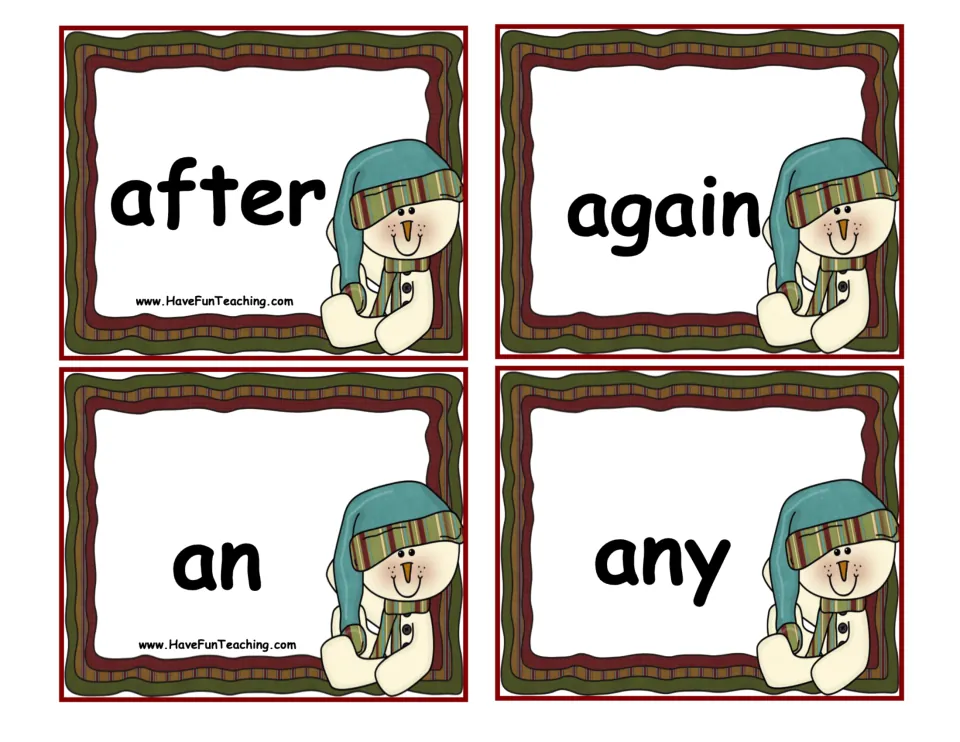 Four snowman word cards to cut apart and read: after, again, an and any, each printed in large bold letters