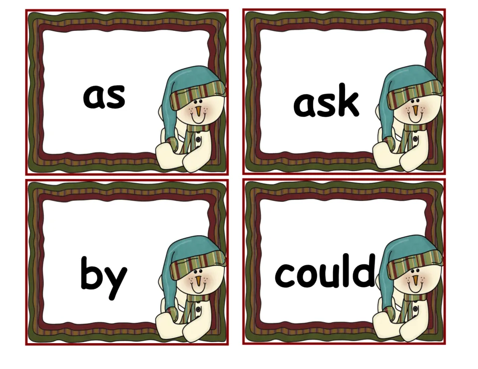 Cut-apart reading cards for the high-frequency words as, ask, by and could, each beside a snowman in a blue hat