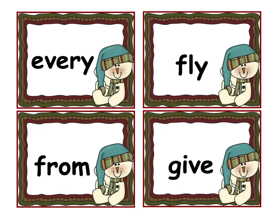 Snowman cards for practicing quick recognition of the words every, fly, from and give, one word per card