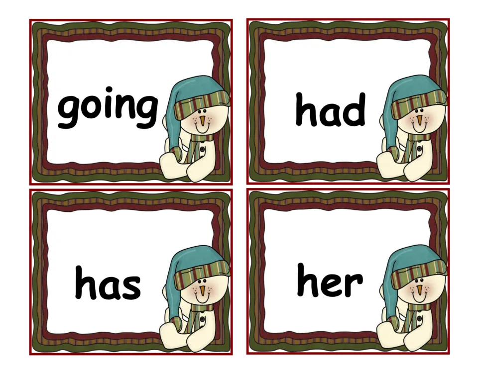 Word recognition cards showing going, had, has and her in bold print, four per sheet with a snowman on each