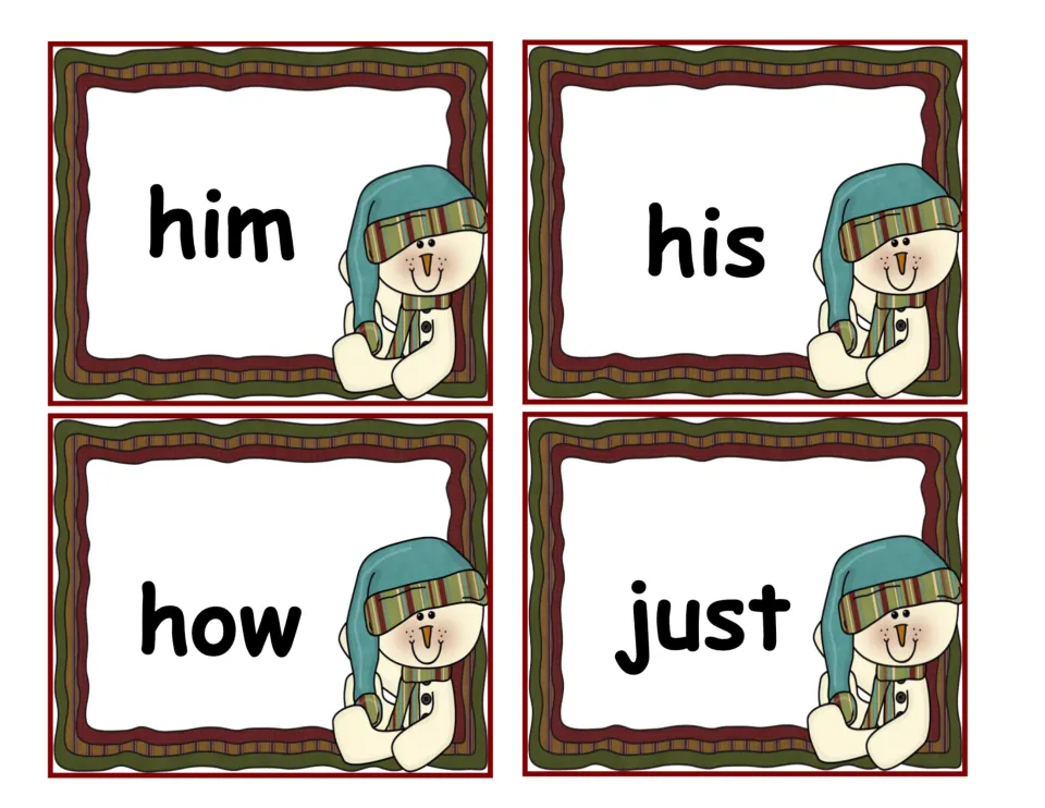 Four cards for reading the words him, his, how and just at sight, each with a smiling snowman in a scarf