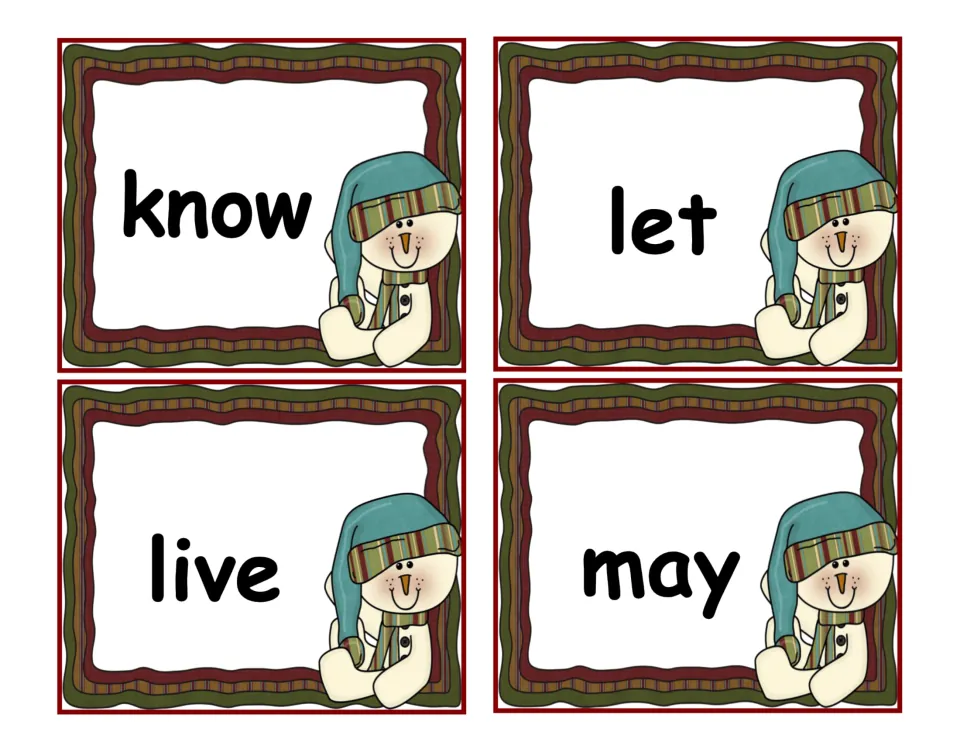 Winter word cards for the high-frequency words know, let, live and may, to cut out and read aloud