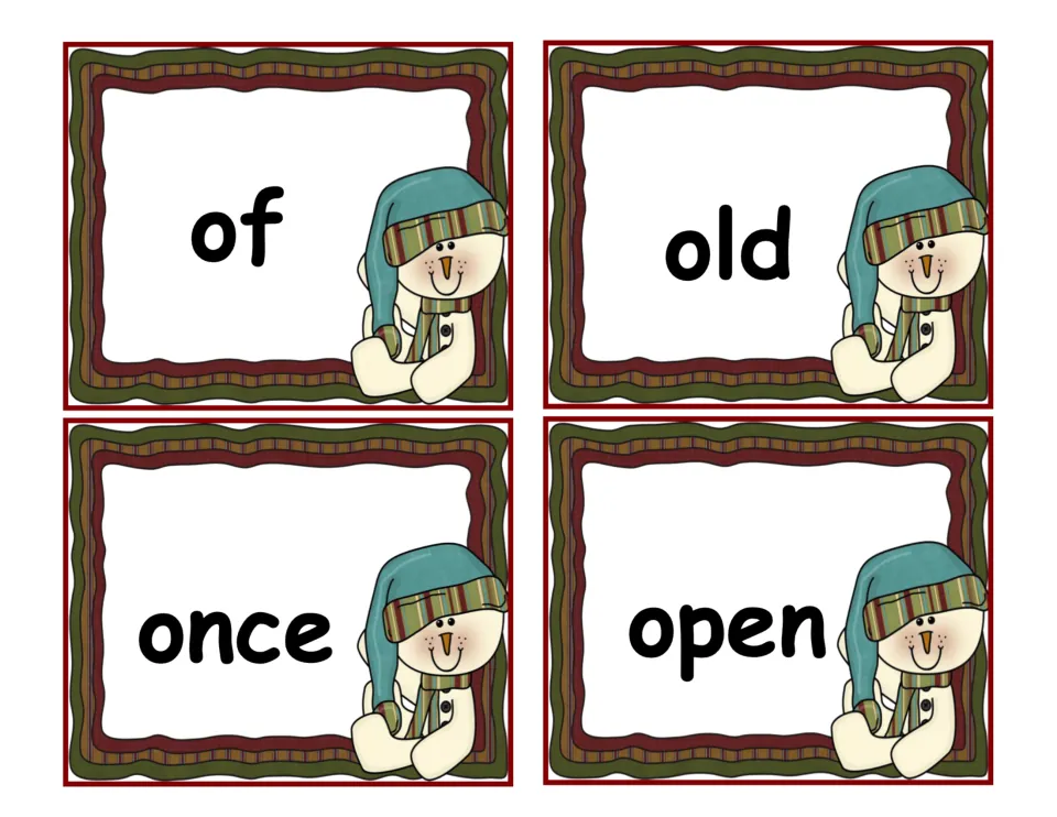 Snowman reading cards for of, old, once and open, four large-print words to cut apart and practice