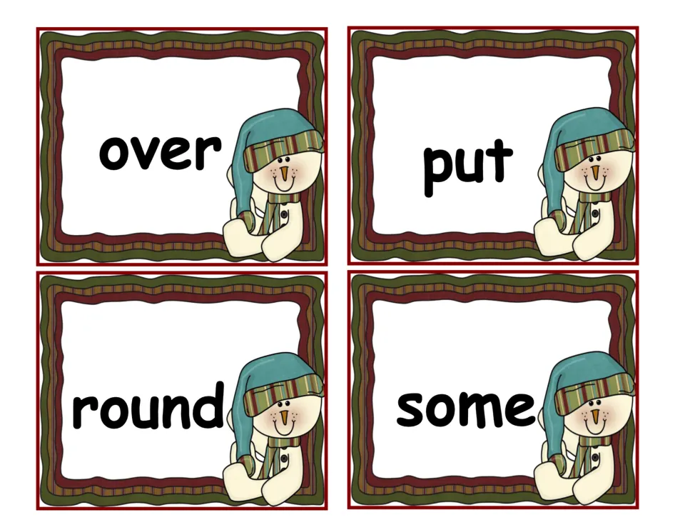 Last set of snowman word cards, over, put, round and some, for students to read quickly by sight