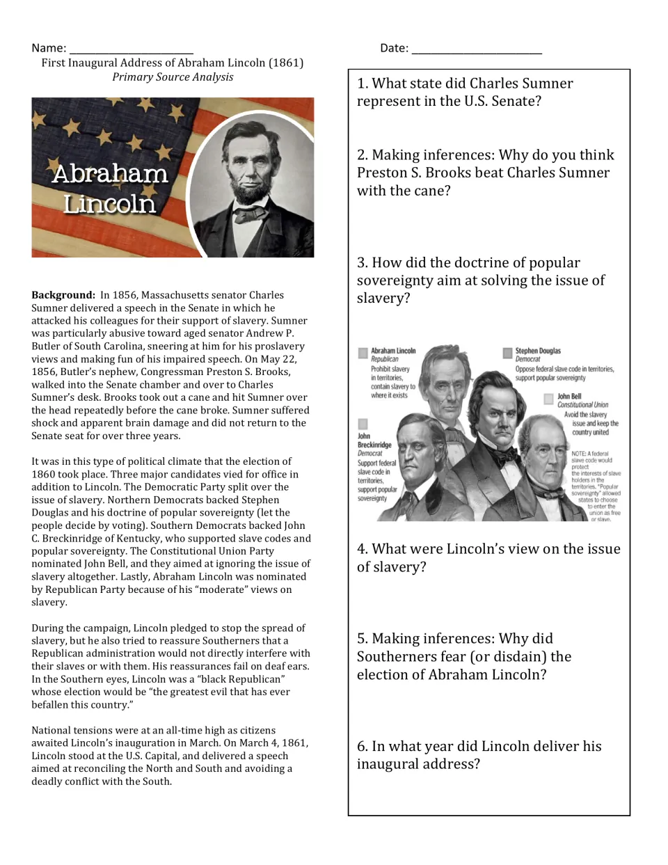 Lincoln's 1861 inaugural background: students read about the Sumner caning and 1860 election, then answer 6 questions