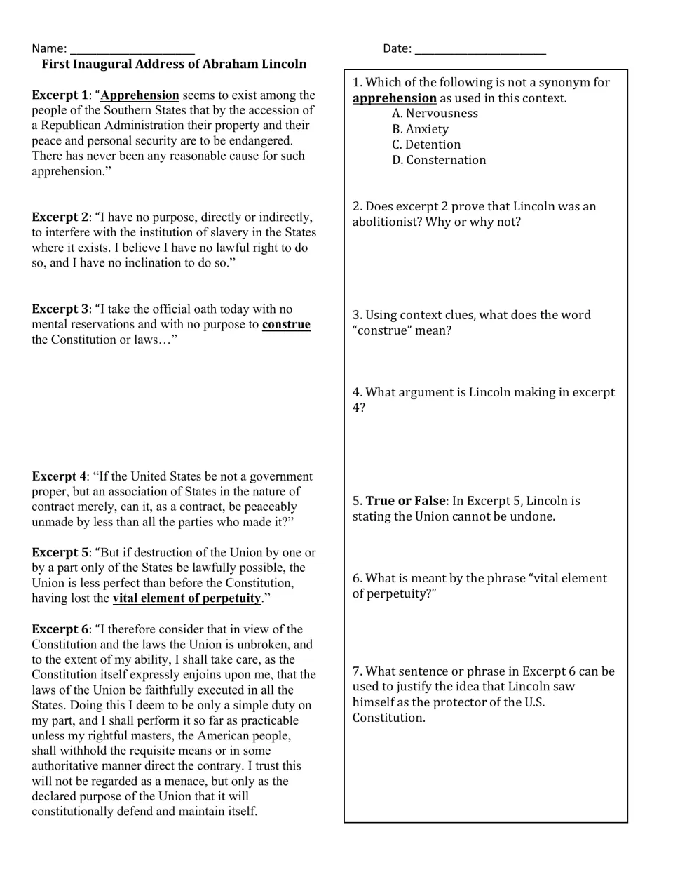 Inaugural address excerpts 1-6: students define apprehension and construe from context and analyze Lincoln on the Union