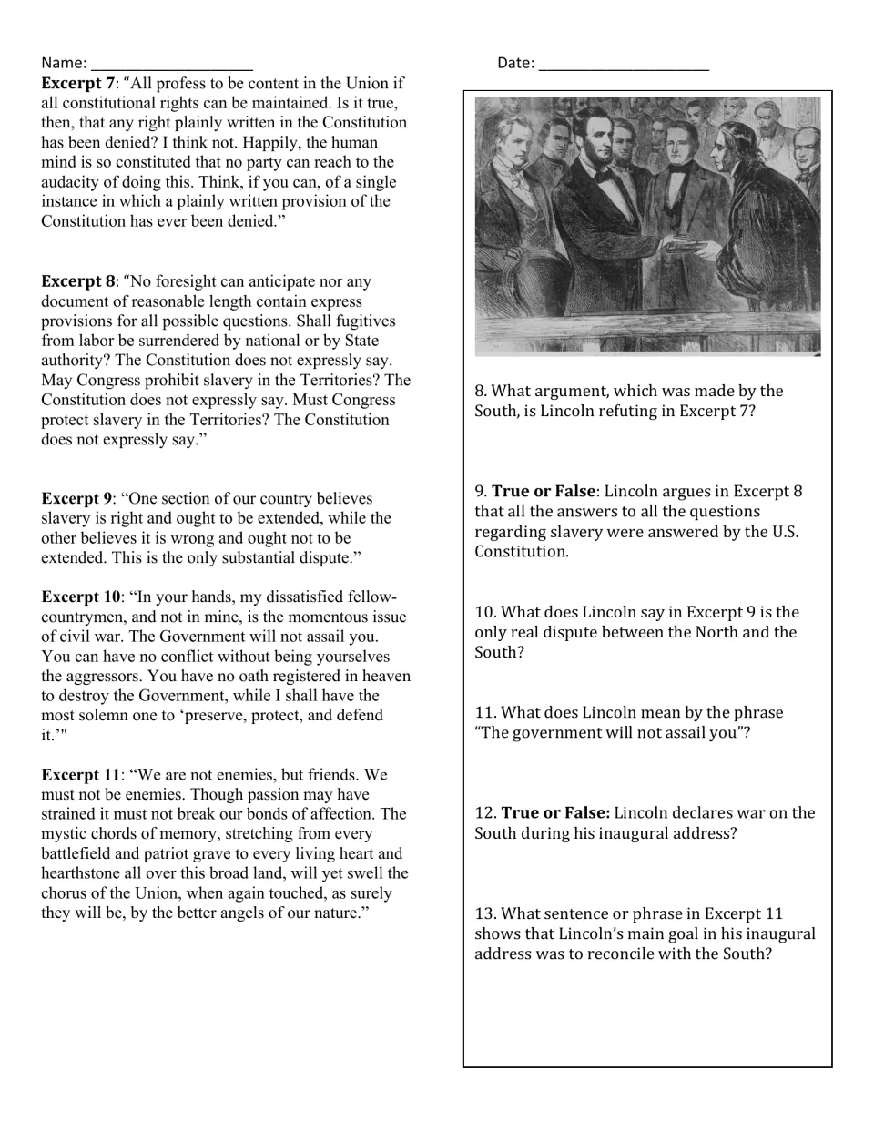 Inaugural excerpts 7-11: students explain Lincoln's arguments and find the line aimed at reconciling with the South