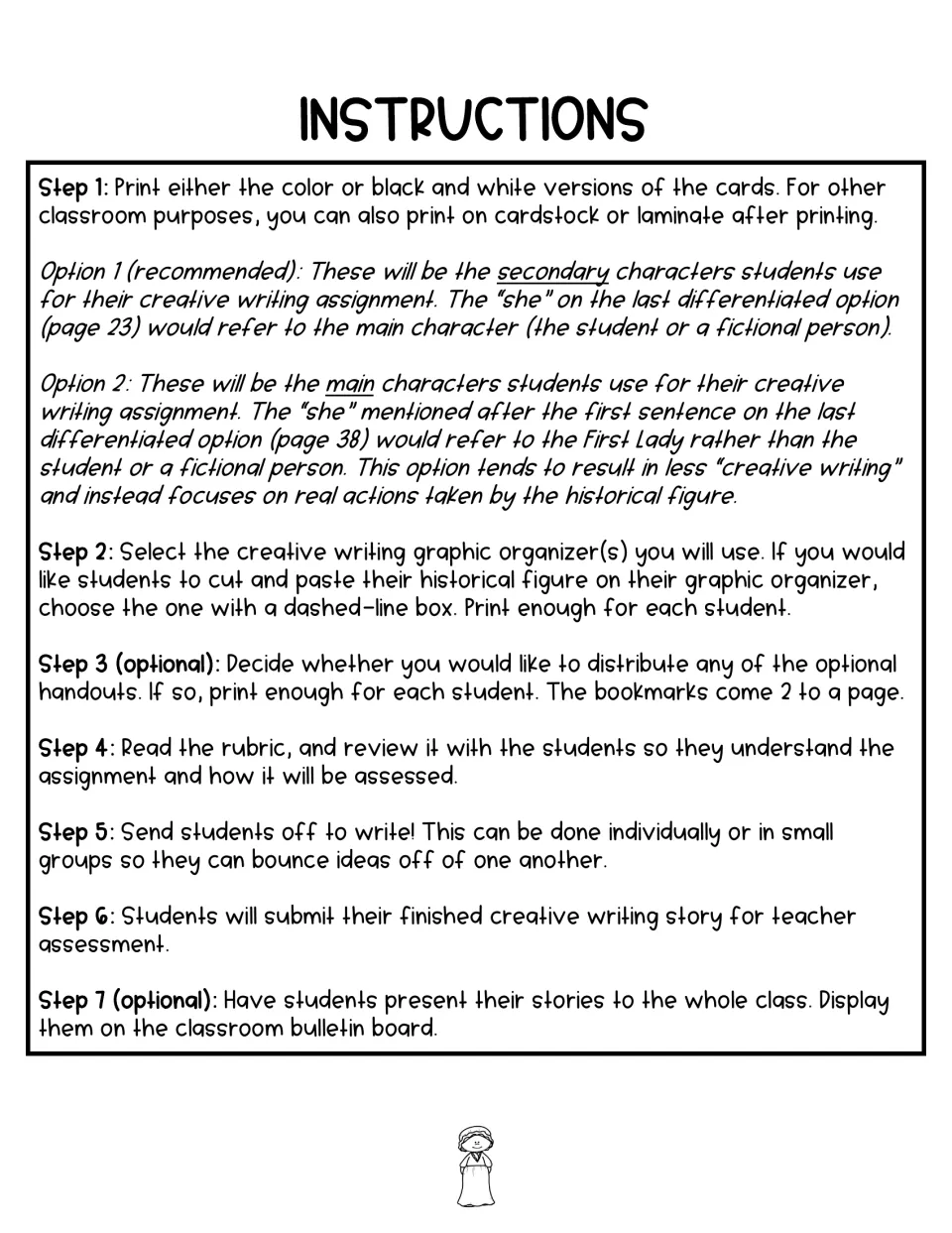 Seven-step writing instructions explain character card roles, organizer selection, rubric review, and sharing