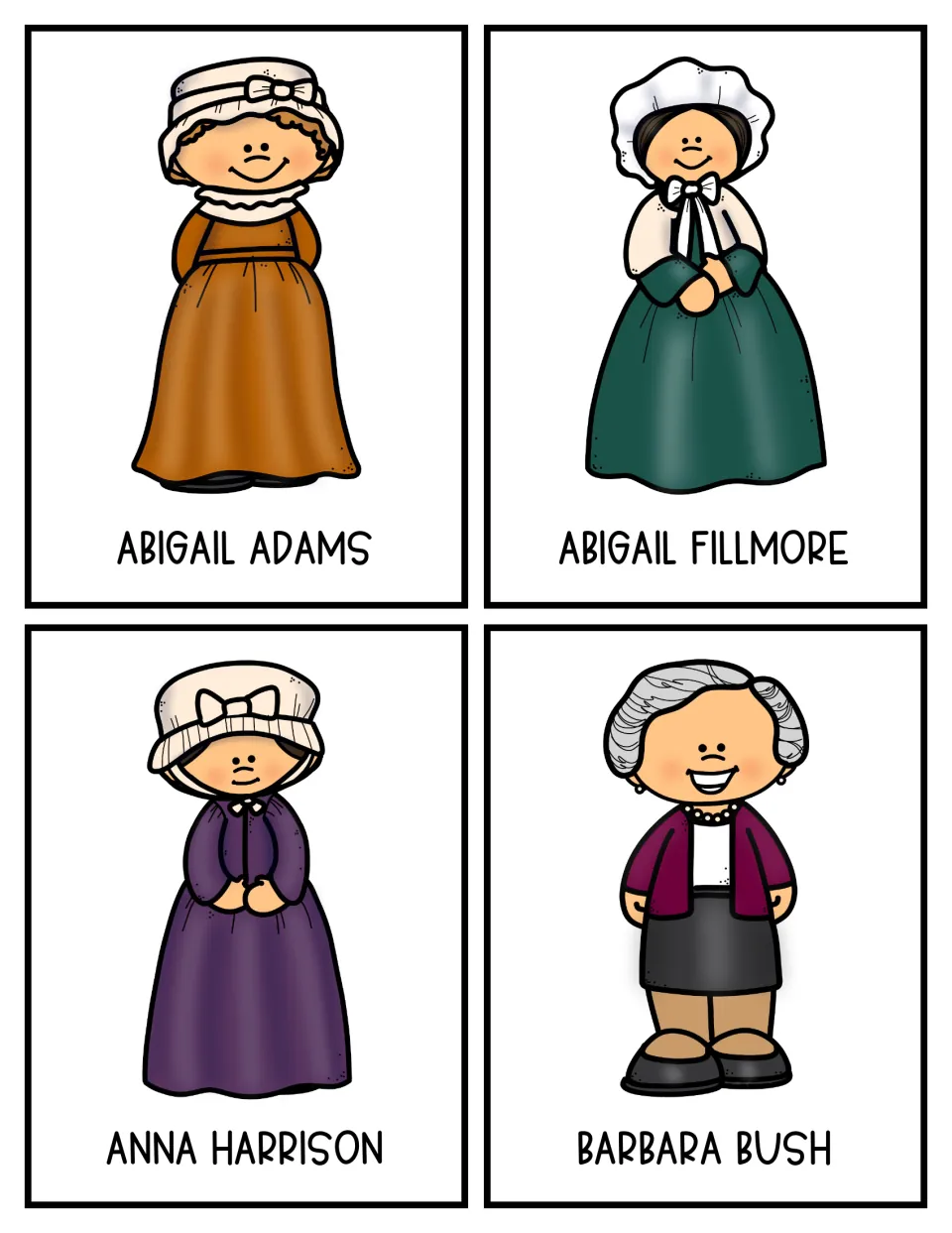 First Ladies character cards 1–4: Abigail Adams, Abigail Fillmore, Anna Harrison, and Barbara Bush
