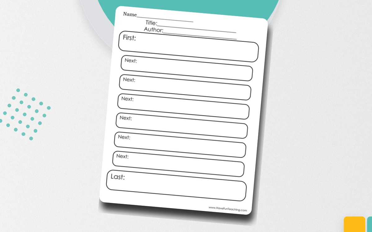 First-Next-Last worksheet with title and author lines followed by six rounded writing boxes.