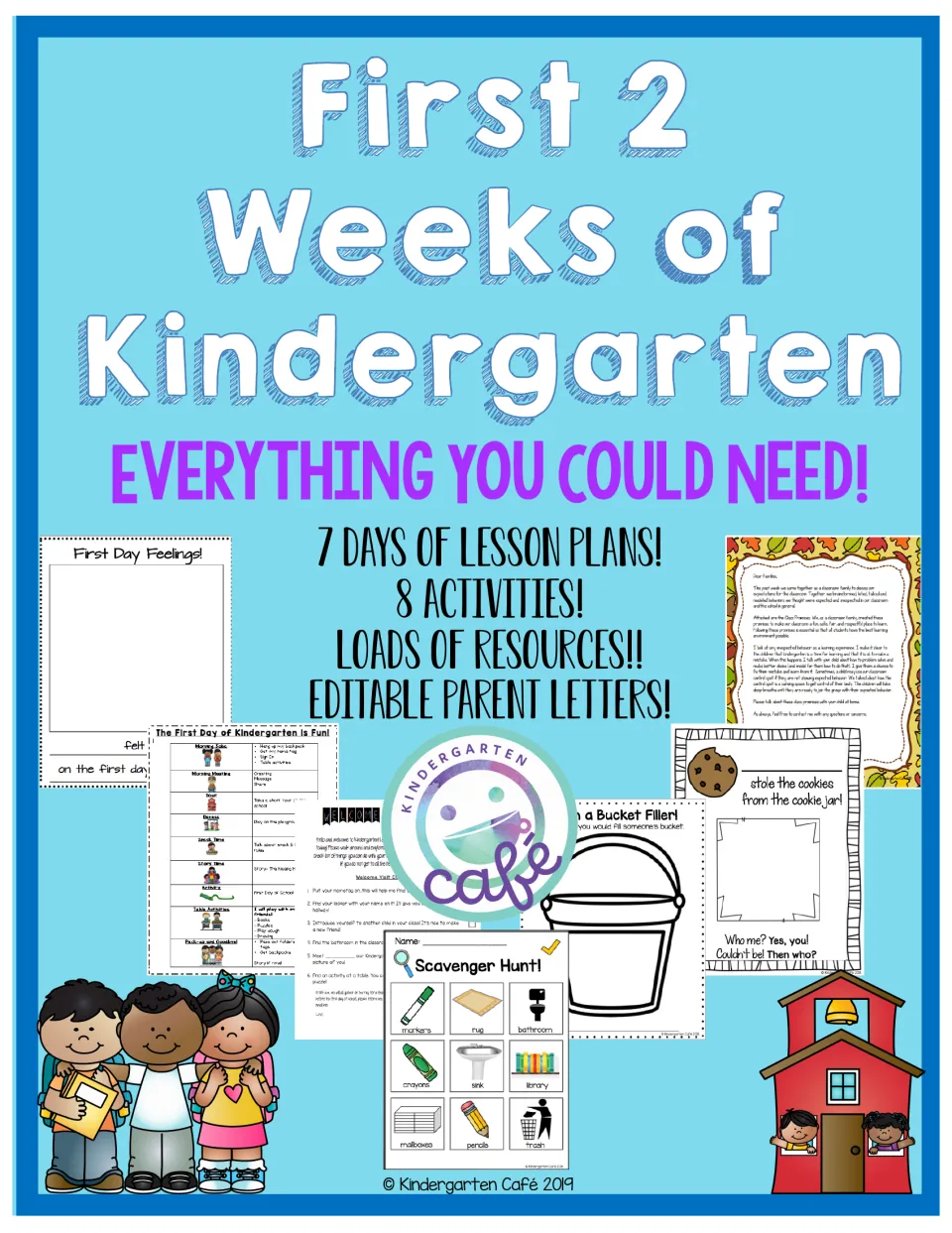 First 2 Weeks of Kindergarten cover listing 7 days of lesson plans, 8 activities, resources and editable parent letters