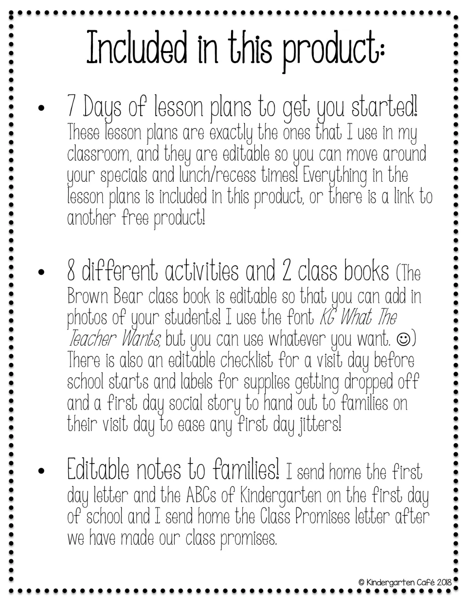 Contents overview: editable lesson plans, 8 activities, 2 class books, a visit-day checklist and family notes