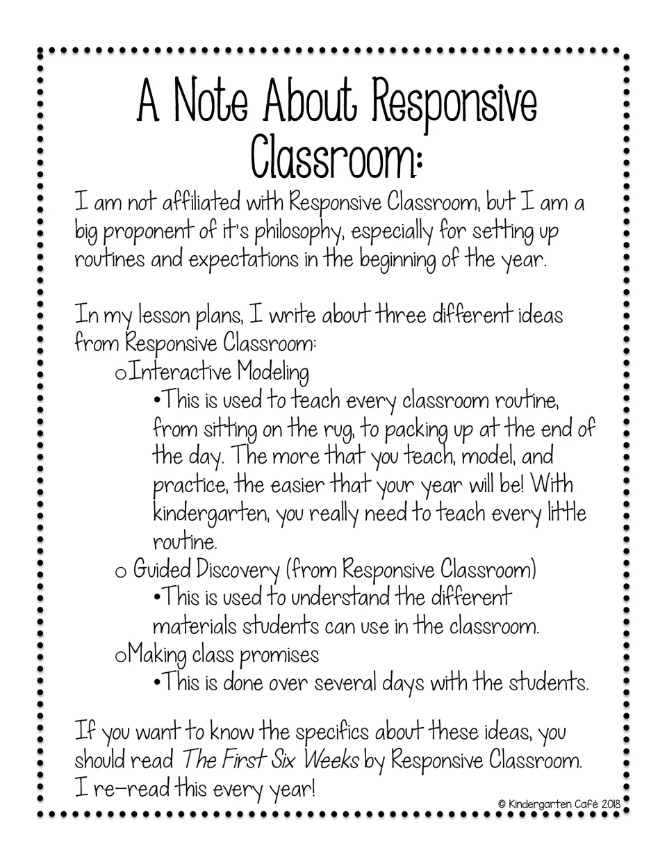 Responsive Classroom note explaining interactive modeling, guided discovery and making class promises for routines