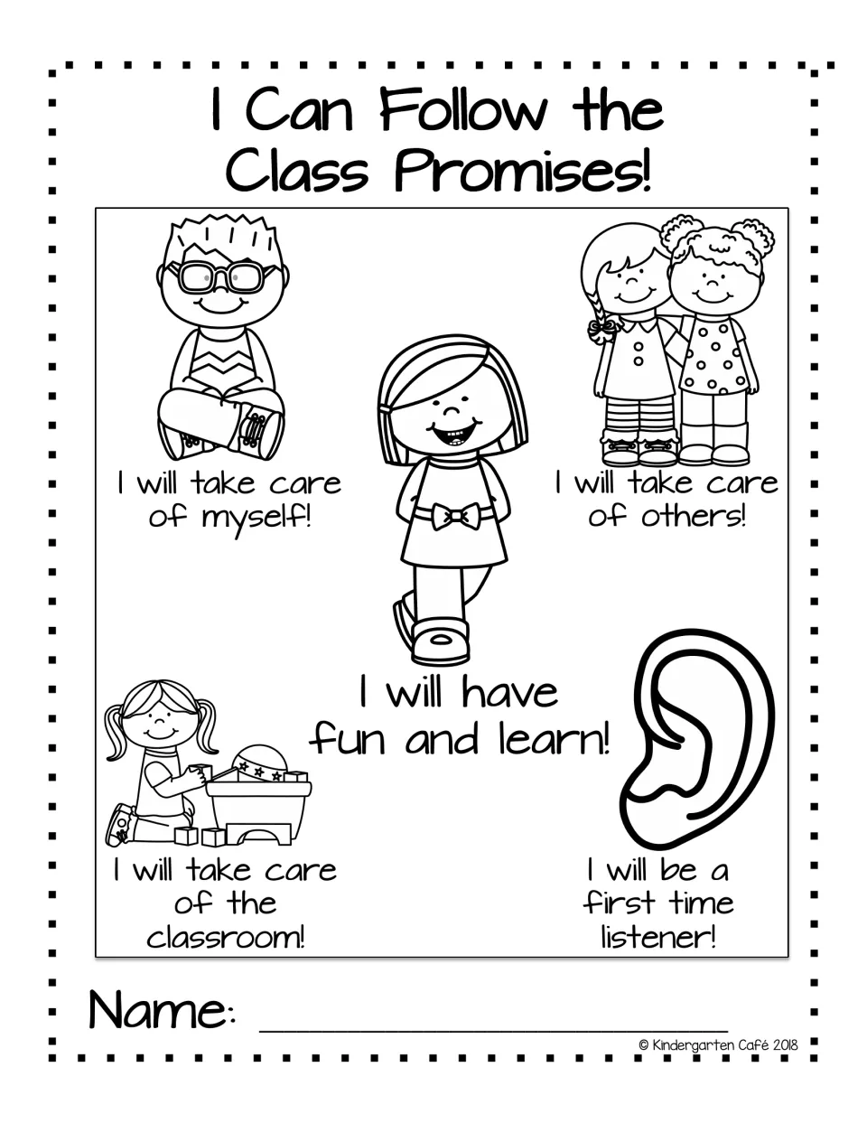 Class promises coloring sheet: take care of myself, others and the classroom, be a first time listener, have fun and learn