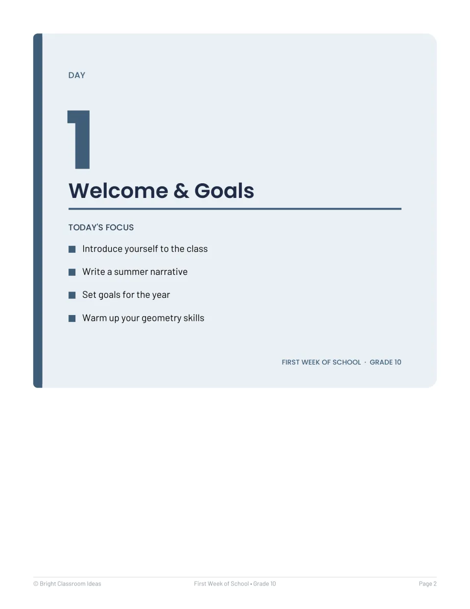 Day 1 overview: Welcome & Goals introduces class introductions, summer narrative writing, goals, and geometry