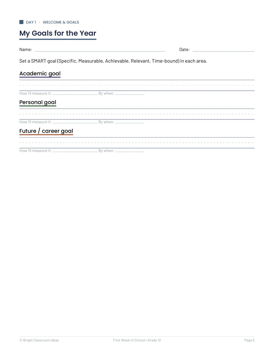 Day 1 goal-setting activity asks for academic, personal, and future or career SMART goals with deadlines