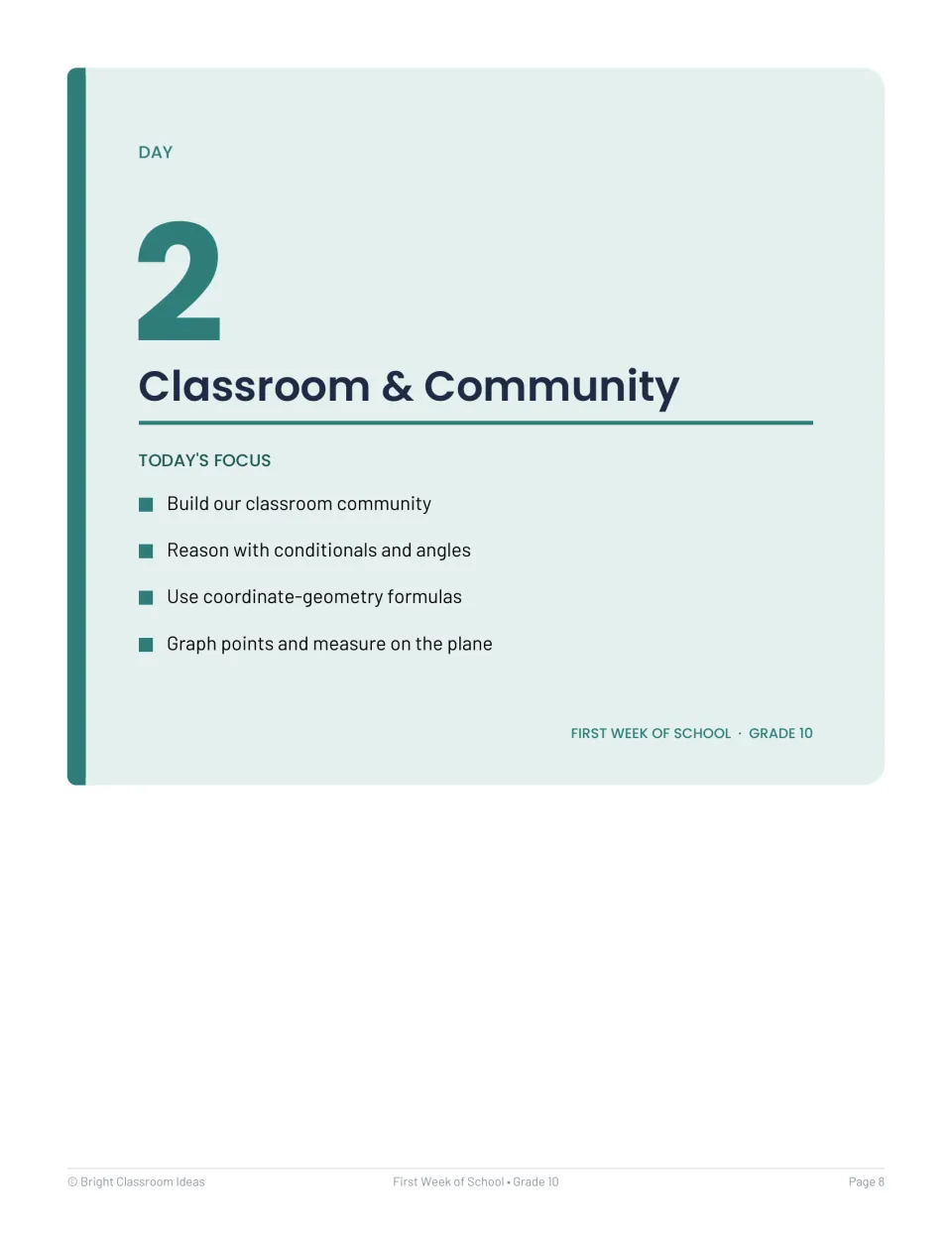 Day 2 overview: Classroom & Community covers shared community, conditionals, angles, and coordinate geometry