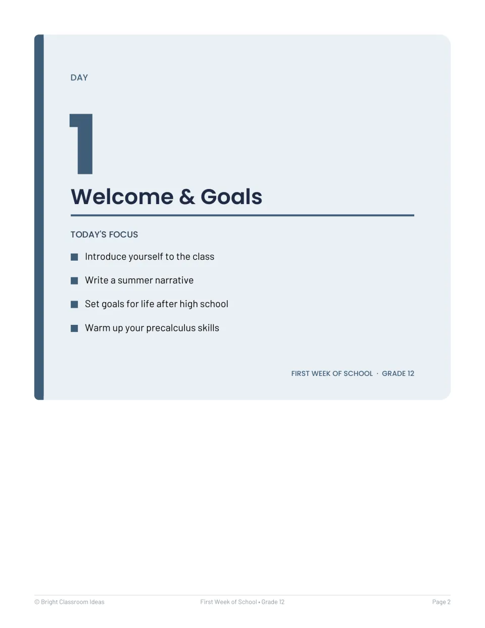Day 1 Welcome & Goals divider: focus on introductions, a summer narrative, post-high-school goals and precalculus warm-up