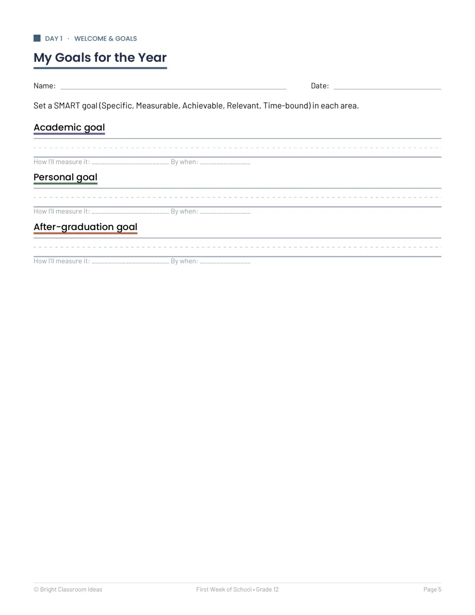 My Goals for the Year: students set SMART academic, personal and after-graduation goals with a measure and deadline