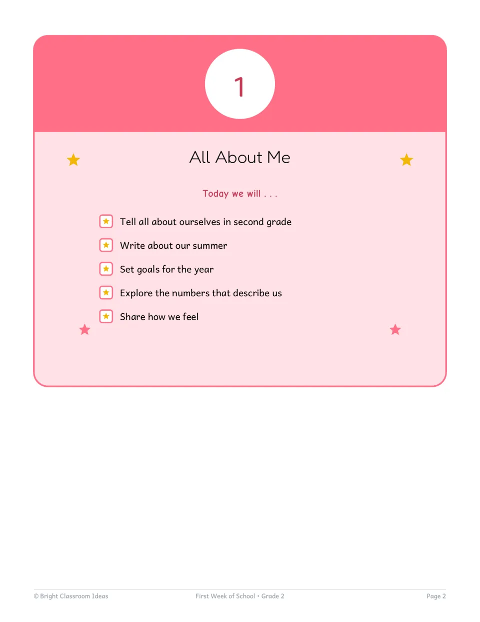 Day 1 All About Me opener listing today's plans: tell about ourselves, summer writing, goals, numbers and feelings