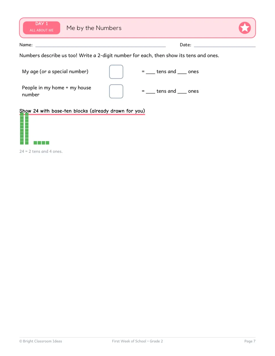 Me by the Numbers place value: students write personal 2-digit numbers as tens and ones; 24 shown with base-ten blocks
