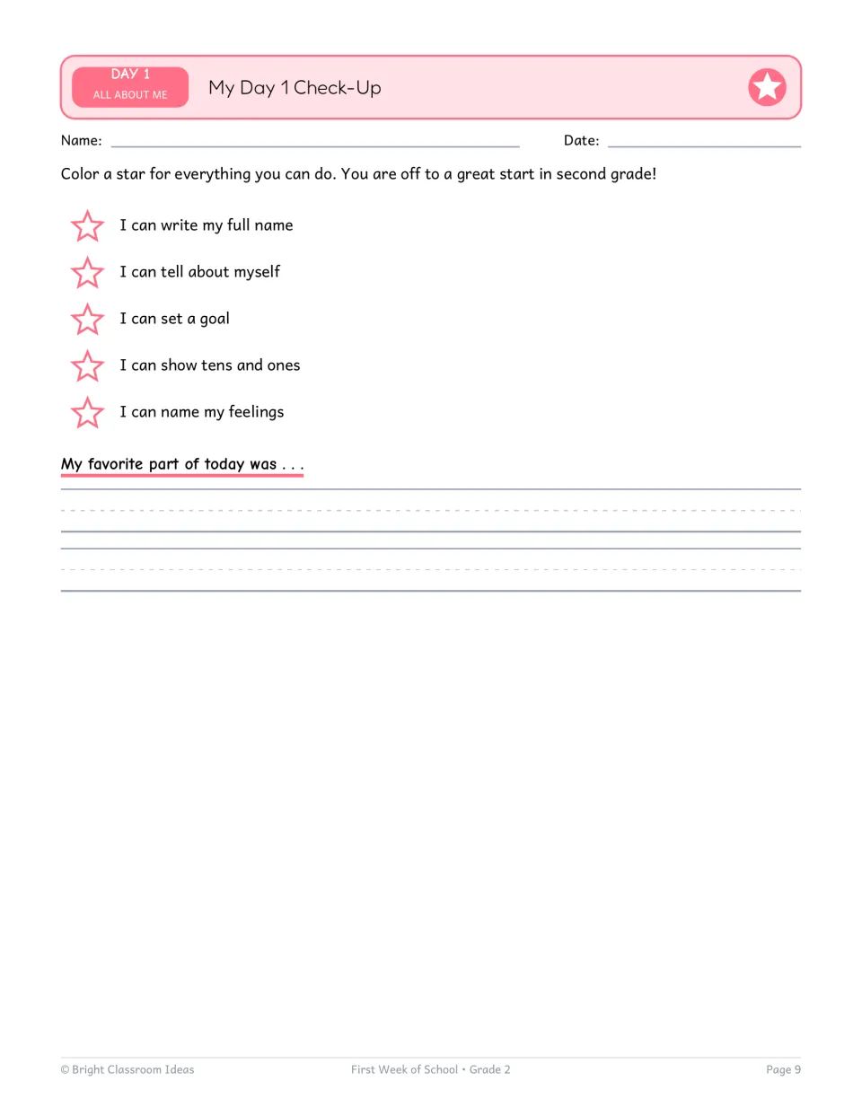 My Day 1 Check-Up: students color a star for each I-can statement, such as tens and ones, and write their favorite part
