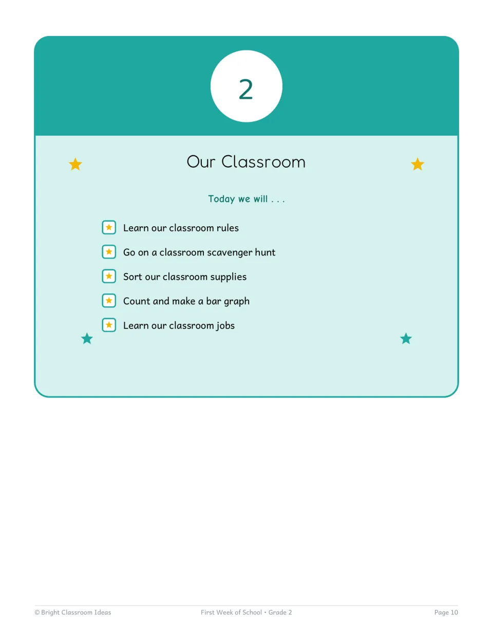 Day 2 Our Classroom opener: rules, a scavenger hunt, sorting supplies, counting for a bar graph and classroom jobs