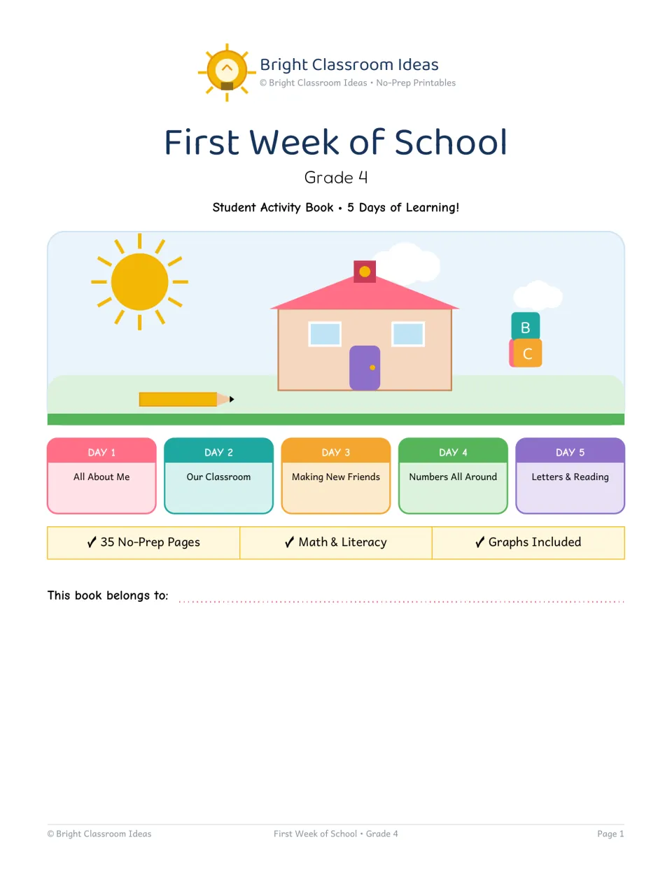 First Week of School Grade 4 student activity book cover listing 5 days, from All About Me to Letters & Reading