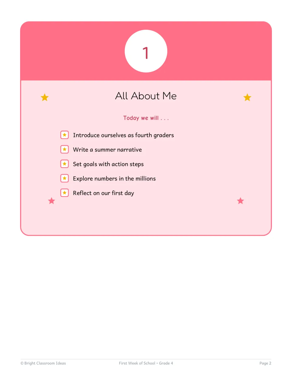 Day 1 All About Me opener: a Today we will list from introductions and a summer narrative to numbers in the millions