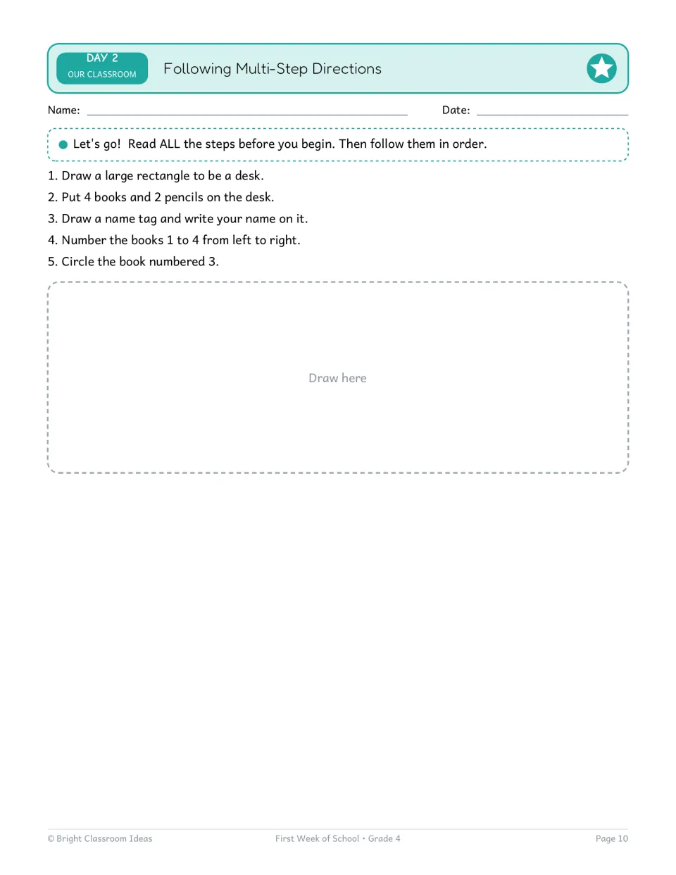 Following Multi-Step Directions: students read five steps first, then draw a desk with numbered books and circle book 3