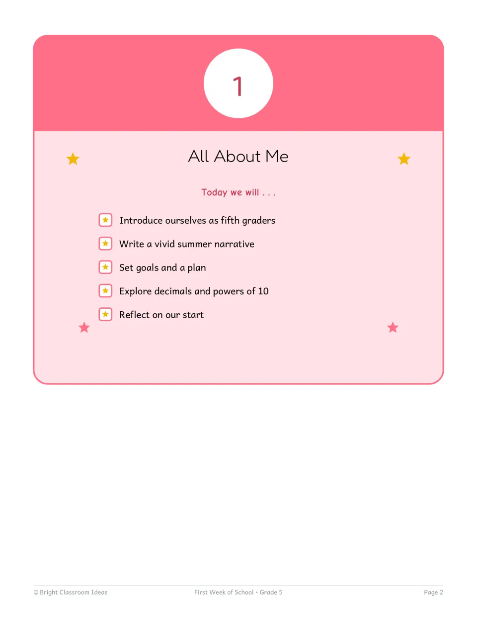 Day 1 All About Me opener listing five goals: introductions, summer narrative, goals and plan, decimals, reflection