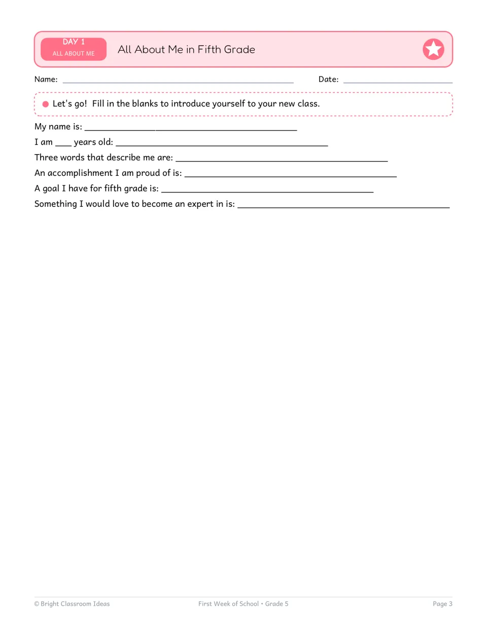 All About Me in Fifth Grade: students fill in sentence blanks with their name, age, describing words and goals