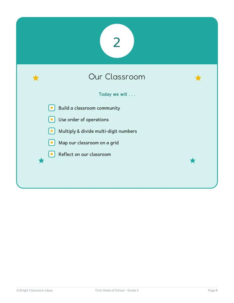 Day 2 Our Classroom opener listing five goals: community, order of operations, multi-digit math, grid map, reflection