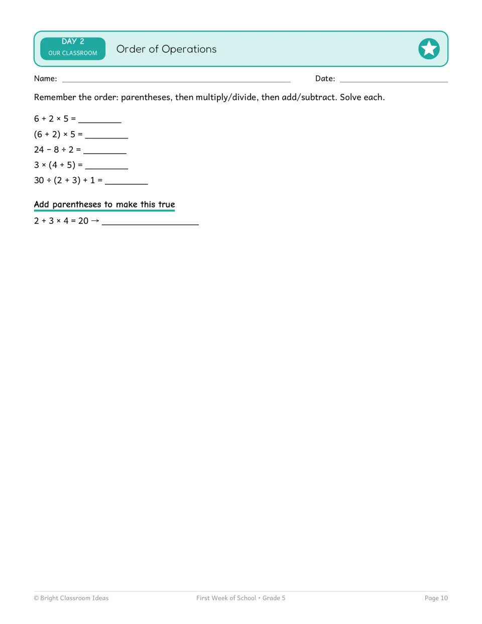 Order of Operations: students solve five expressions using parentheses and all four operations, then add parentheses