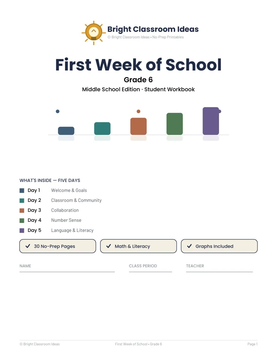 First Week of School Grade 6 student workbook cover listing five days, from Welcome & Goals to Language & Literacy