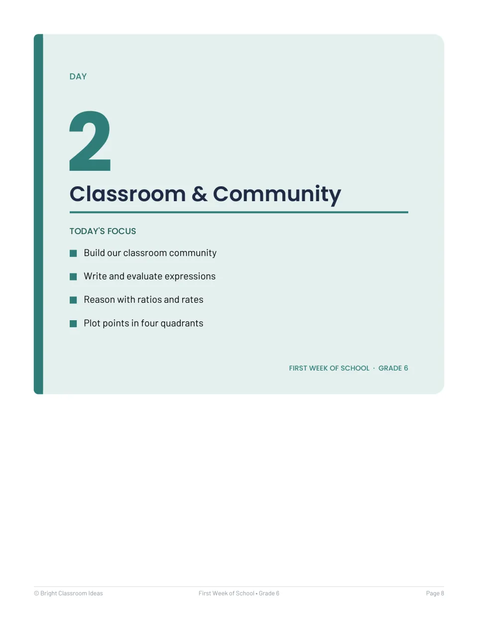 Day 2 Classroom & Community opener: focus on community, expressions, ratio reasoning and four-quadrant graphing